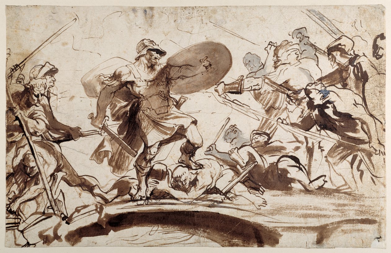 Horatius Cocles defending the Tiber Bridge (pen & ink with wash on paper) بواسطة أنتوني فان ديك
