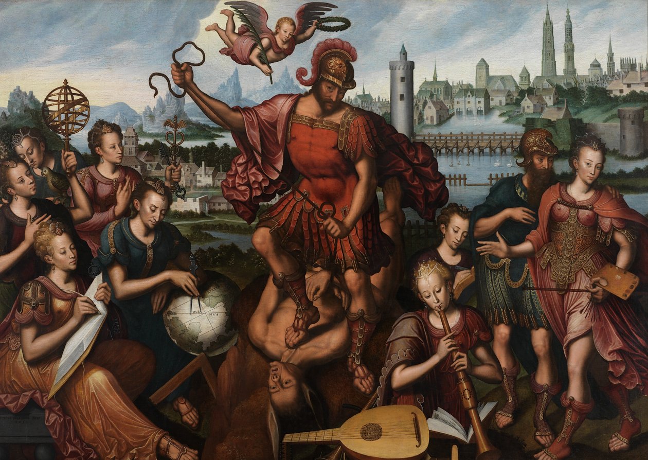 المريخ، المحاط بالفنون والعلوم، ينتصر على الجهل بواسطة Anthuenis (1536-1613) Claeissins أو Claeissens