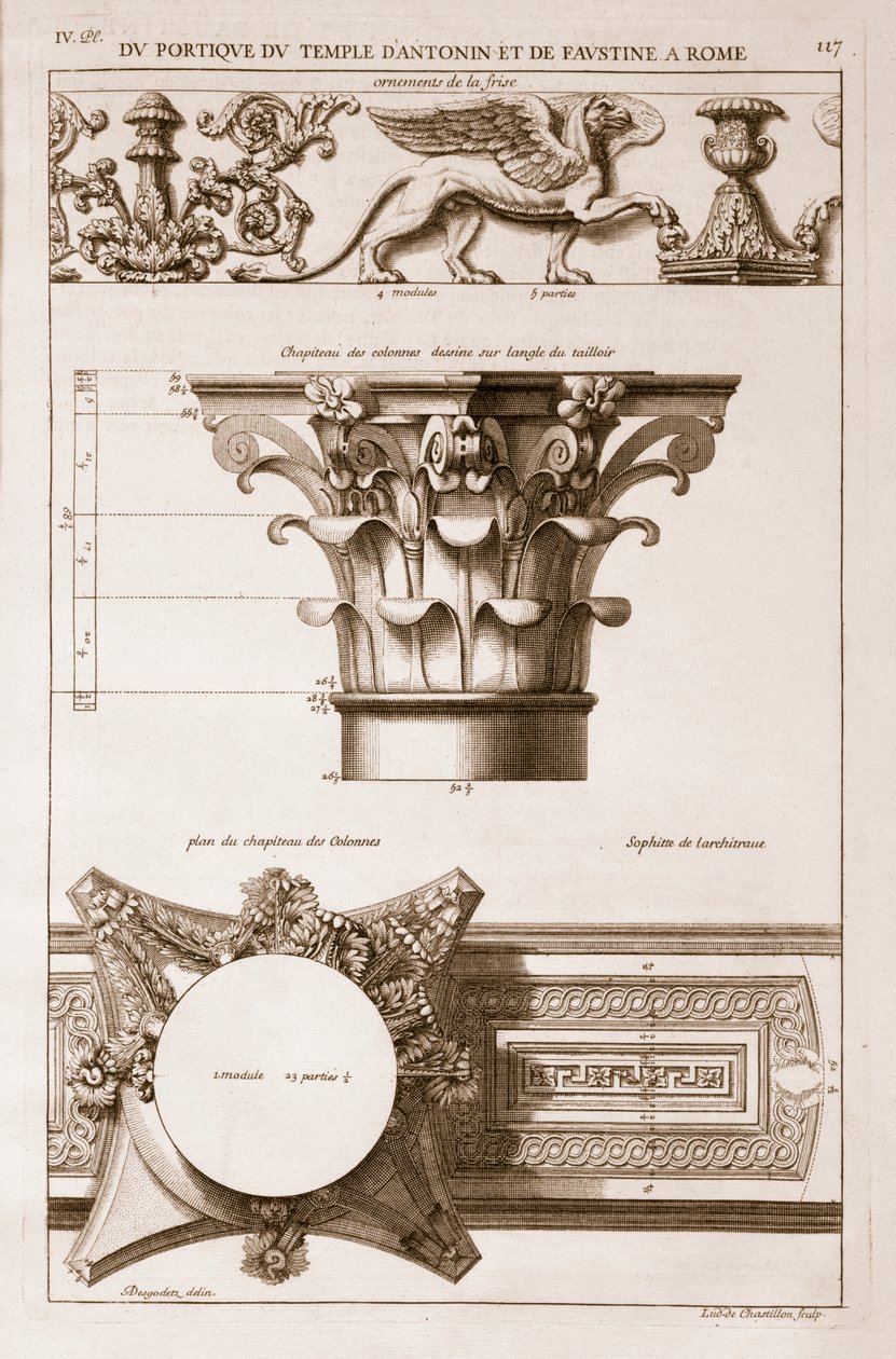 معبد أنطونيوس وفوستينا ، تفاصيل من الرواق ، من "Les Edifices Antiques de Rome" ، تم نشره عام 1682 بواسطة أنطوان بابوتي ديسغوديتس