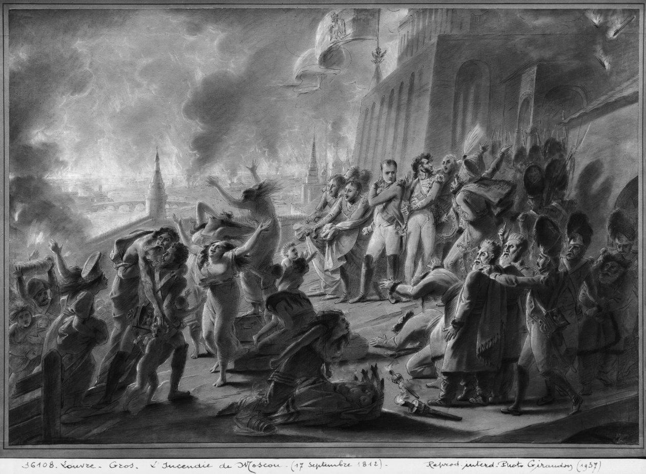 حريق موسكو في سبتمبر 1812 (قلم وحبر بني وغسل رمادي وأبرز الغواش على الورق) بواسطة أنطوان جان جروس