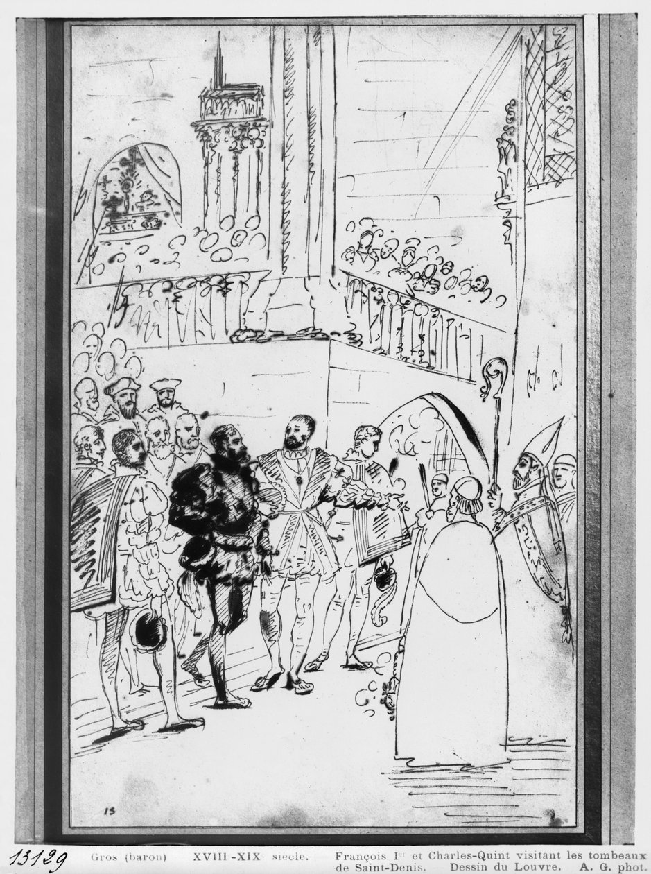 فرانسيس الأول وتشارلز الخامس في كنيسة دير سانت دينيس ، c.1811 (قلم وحبر بني وجرافيت على ورق) بواسطة أنطوان جان جروس