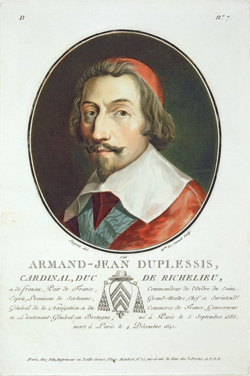 أرماند جان دوبليسيس ، الكاردينال ، دوك دي ريشيليو (1585-1642) من "صور الرجال العظماء ، النساء اللامعات ، والمواضيع التي لا تنسى في فرنسا" ، منقوش بواسطة Mme de Cernel ، تم نشره 1787-92 (اللون بواسطة أنطوان لويس فرانسوا سيرجنت مارسو