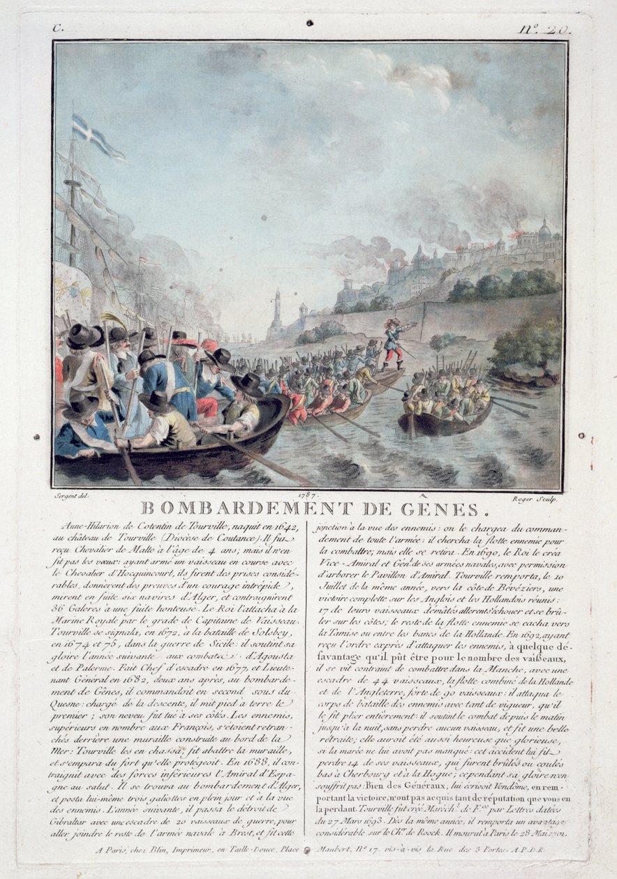 قصف جنوة ، 1684 ، منقوش بواسطة جان بابتيست موريت (fl.1790-1820) ، 1787 بواسطة أنطوان لويس فرانسوا سيرجنت مارسو