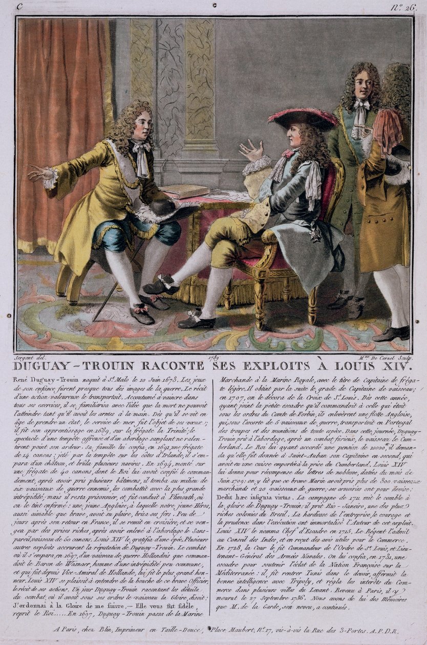 Duguay-Trouin (1673-1736) يروي مآثره البحرية إلى لويس الرابع عشر ، محفورة بواسطة مدام دي سيرنيل (1753-1834) ، 1789 بواسطة أنطوان لويس فرانسوا سيرجنت مارسو