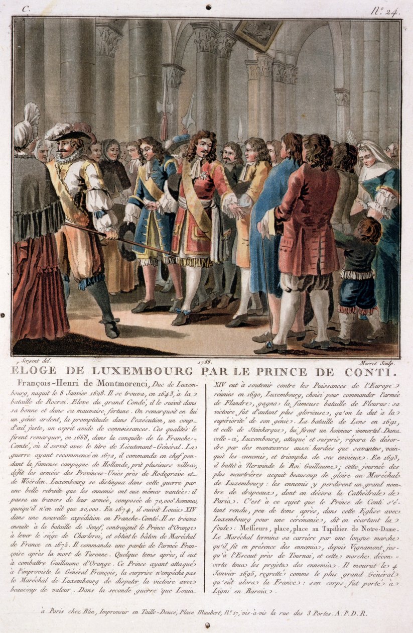 الأمير دي كونتي (1664-1709) يشيد بدوق لوكسمبورغ (1628-95) بعد فوزه في معركة نيرويندن (1693) ، التي نقشها جان بابتيست موريت (fl.1790-1820) ، 1788 (النقش الملون بواسطة أنطوان لويس فرانسوا سيرجنت مارسو