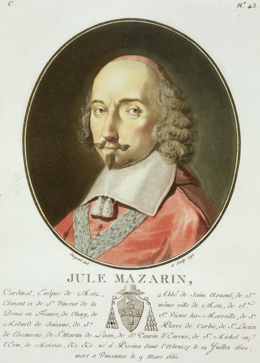 الكاردينال جول مازارين (1602-61) من "صور العظماء من الرجال والنساء اللامعين والمواضيع التي لا تنسى من فرنسا" ، تم نشره 1787-92 بواسطة أنطوان لويس فرانسوا سيرجنت مارسو