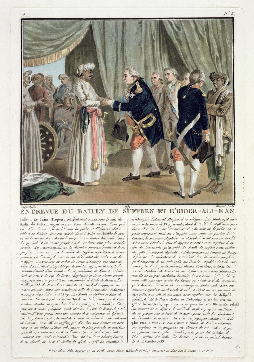 اجتماع بيير أندريه دي سوفرين دي سانت تروبيز (1729-1788) وحيدر علي (1728-82) ، 1782 ، منقوش بواسطة جان بابتيست موريت (fl.1790-1820) ، 1789 بواسطة أنطوان لويس فرانسوا سيرجنت مارسو