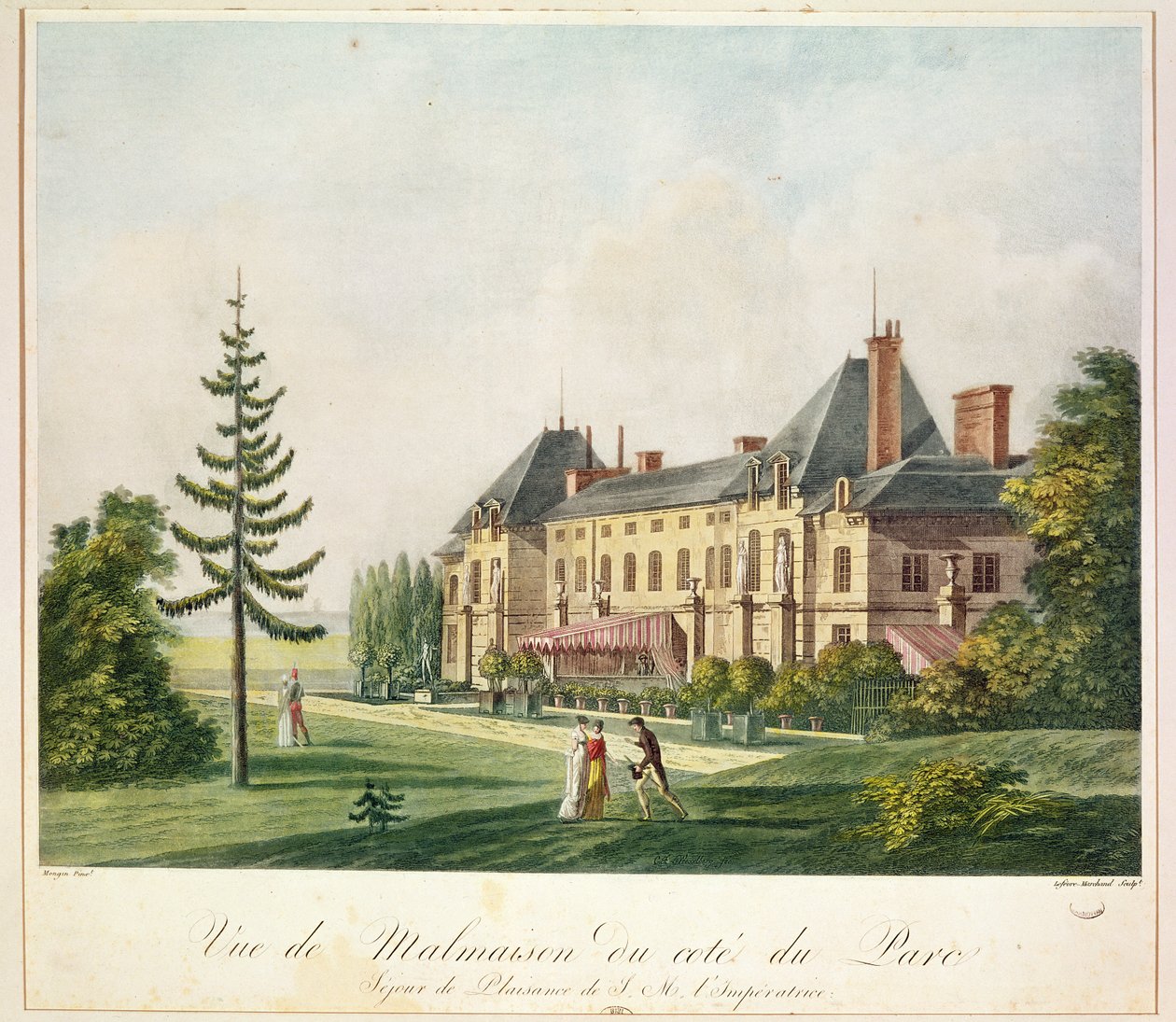 منظر ل Malmaison من الحديقة ، محفور بواسطة Marchand Lefebvre ، c.1790-1810 بواسطة أنطوان بيير مونغين