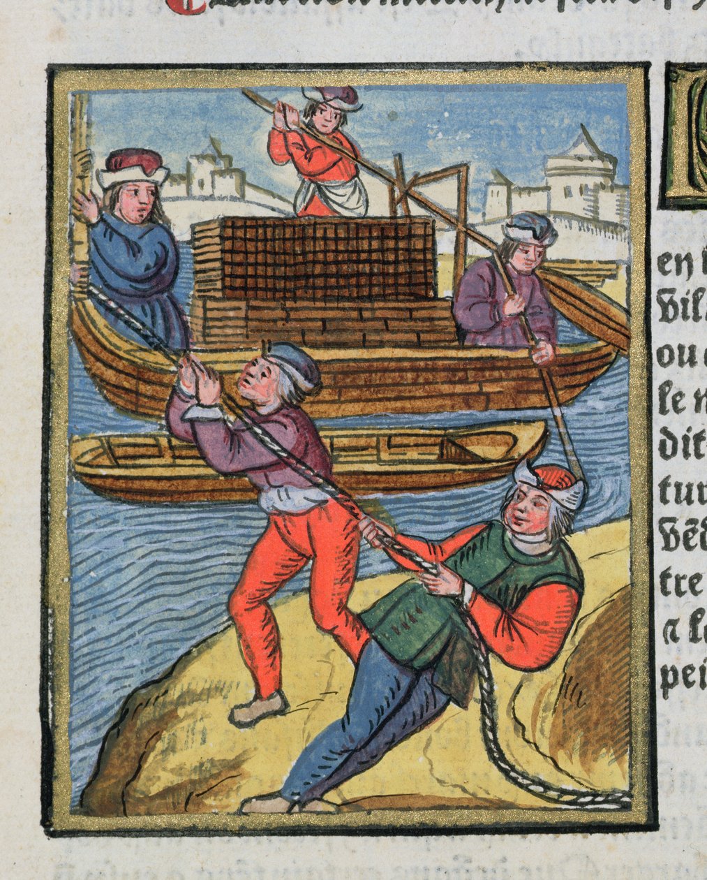 نقل الخشب على نهر السين ، من "Ordonnances Royaux de la Juridiction de la Prevote des Marchands de la Ville de Paris"، 1528 (wc und gouache on paper) بواسطة أنطوان فيرارد