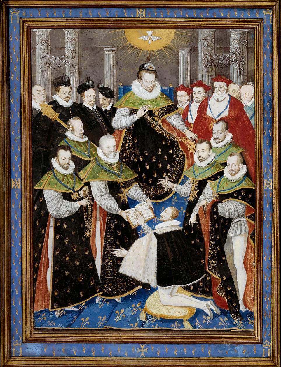 الملك هنري الثالث (1551-1589) ترأس الحفل الأول لأمر الروح القدس (وسام الروح القدس) في 1587 منمنمة ويليام ريتشاردير (القرن السادس عشر) بعد أنطوان كارون (1521-1599) 1587 شانتيلي ، متحف كوندي - الملك هنري الثالث (15 بواسطة أنطوان (بعد) كارون