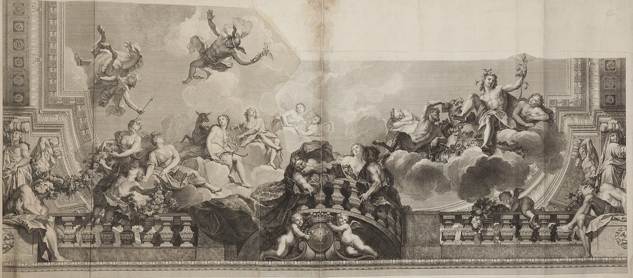 تصميم اللوحة المركزية للسقف للمعرض الكبير للقصر الملكي ، نقشها نيكولا هنري تارديو (1674-1749) بواسطة أنطوان (بعد) كويبل