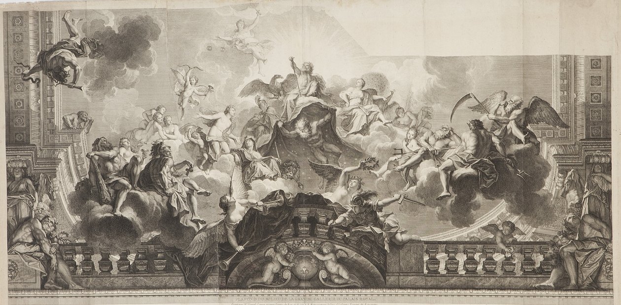 تصميم اللوحة المركزية للسقف للمعرض الكبير في القصر الملكي ، نقشها نيكولا هنري تارديو (1674-1749) بواسطة أنطوان (بعد) كويبل