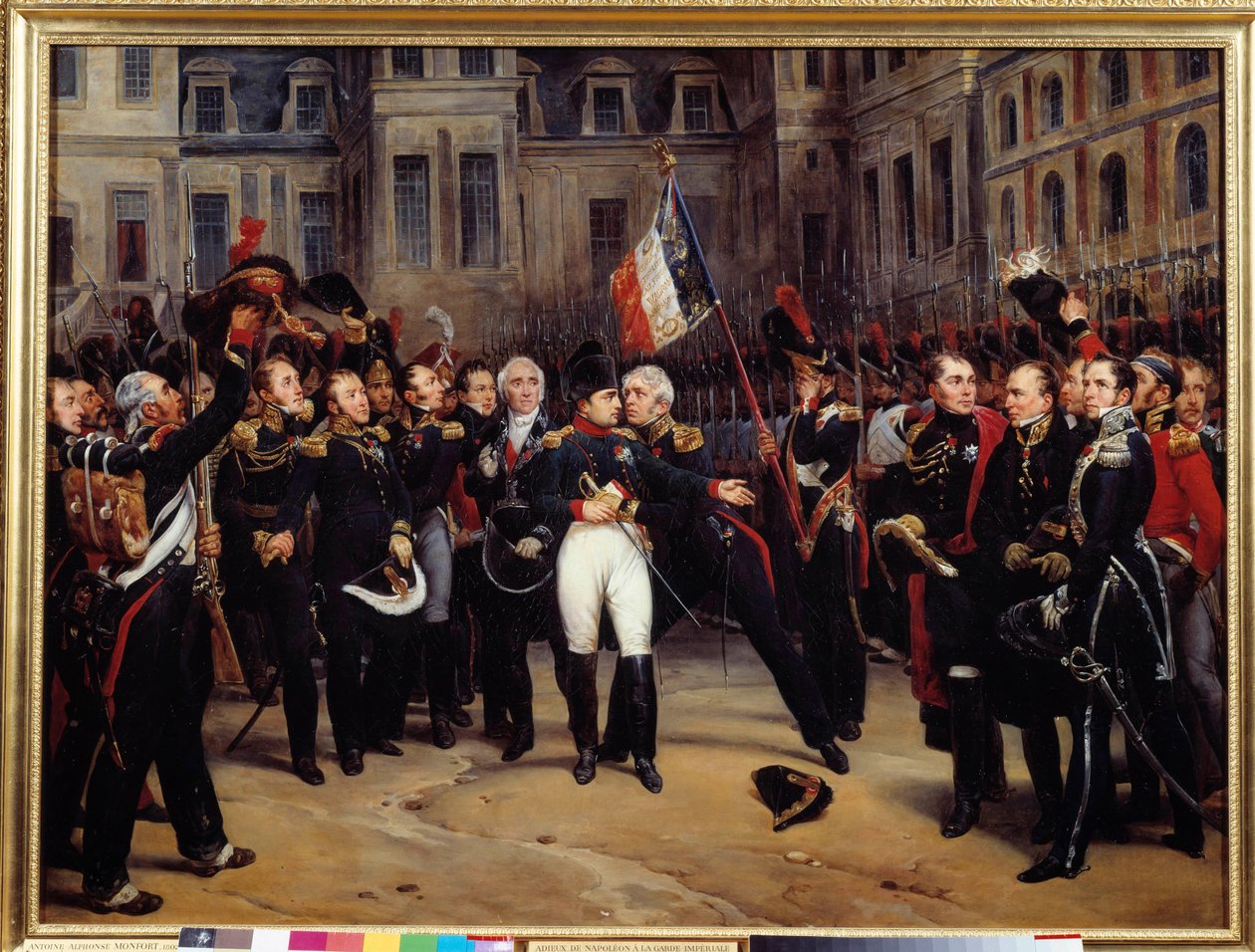 تنازل عام 1814 - "" وداع نابليون بونابرت (1769-1821) للحرس الإمبراطوري في ساحة شوفال بلانك في فونتينبلو في 20/04/1814 "لوحة رسمها أنطوان مونتفورت (1802-1884) من القرن التاسع عشر. 0،98x1،3 م بواسطة أنطوان ألفونس مونتفورت