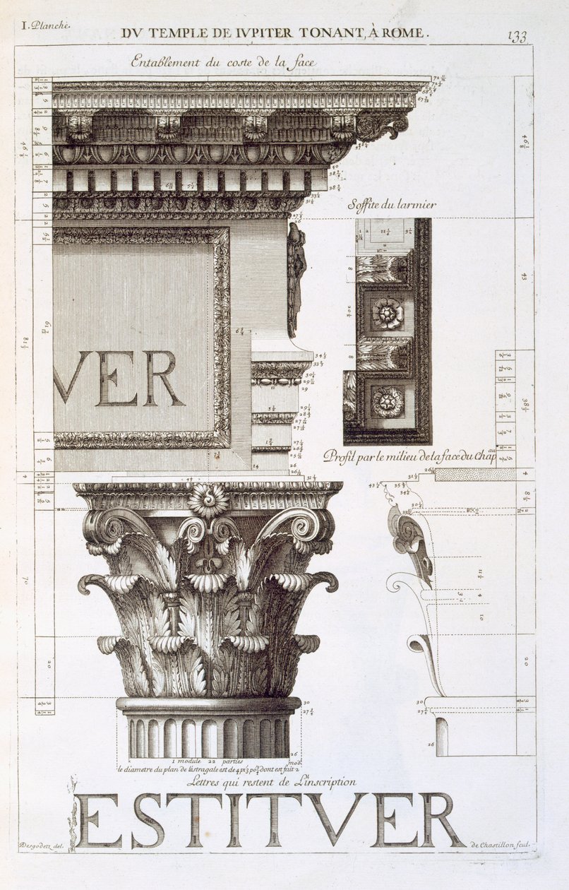 النحت ، رأس المال والنقوش من معبد جوبيتر تونانز (الرعد) ، من "Les Edifices Antiques de Rome" ، 1682 بواسطة أنطوان بابوتي ديسغوديتس