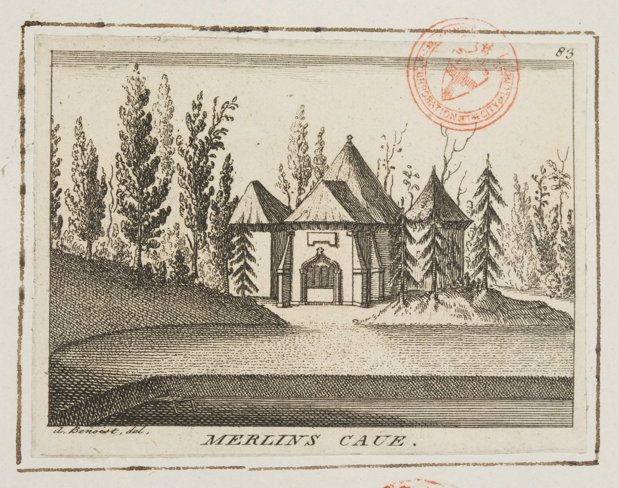 منظر من كهف Merlin ، حدائق Kew ، رسم توضيحي من "Lysons 'Environs of London" ، حوالي 1750 (نقش) بواسطة انطوان بينويست
