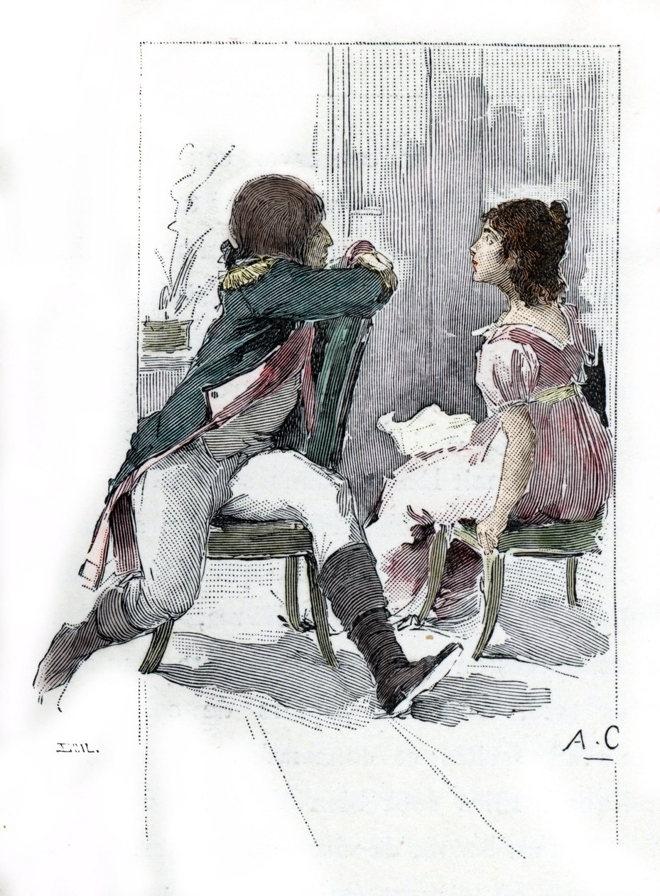 صورة لنابليون بونابرت (1769-1821) مع خطيبته ديزيريه كلاري (1777-1860) ج. أبريل 1795 (صورة ديزيريه كلاري في وقت خطوبتها مع نابليون بونابرت ، أبريل 1795) رسم أنطوان كالبيت مستوحى من "نابليون وآخرون" بواسطة أنطوان كالبيت