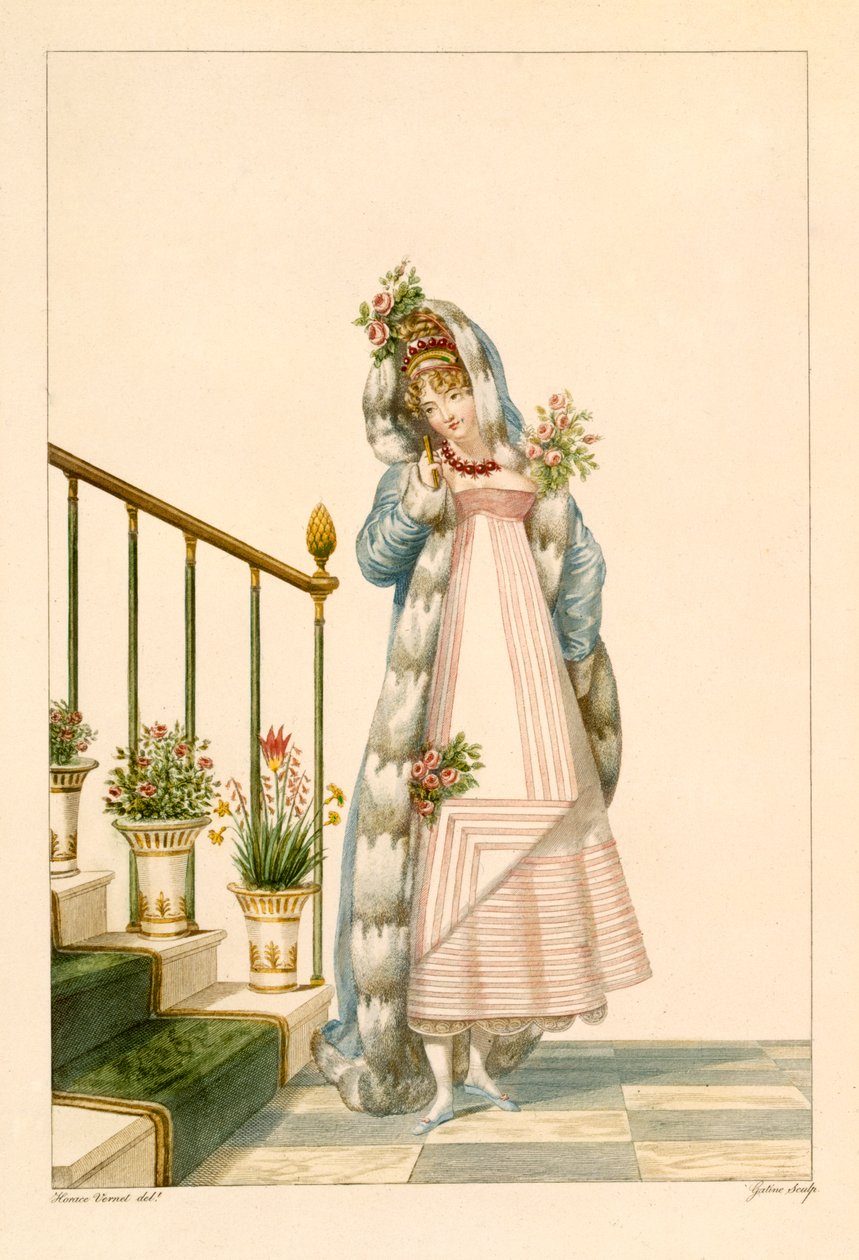 Ballgown مع الرأس ذو الحواف ، التوضيح من "Incroyables et Merveilleuses" ، 1801 بواسطة أنطوان تشارلز هوراس فيرنيه