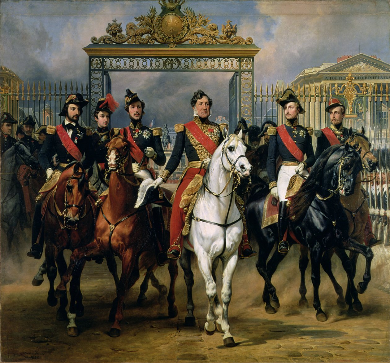 الملك لويس فيليب (1773-1850) من فرنسا وأبناؤه يغادرون قصر فرساي على ظهور الخيل ، 1846 بواسطة أنطوان تشارلز هوراس فيرنيه