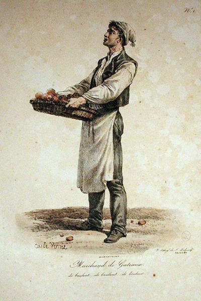 بائع الكيك ، الرقم 1 من سلسلة صرخات باريس ، محفورة من قبل فرانسوا سيرافين ديلبك (1778-1825) بواسطة أنطوان تشارلز هوراس فيرنيه
