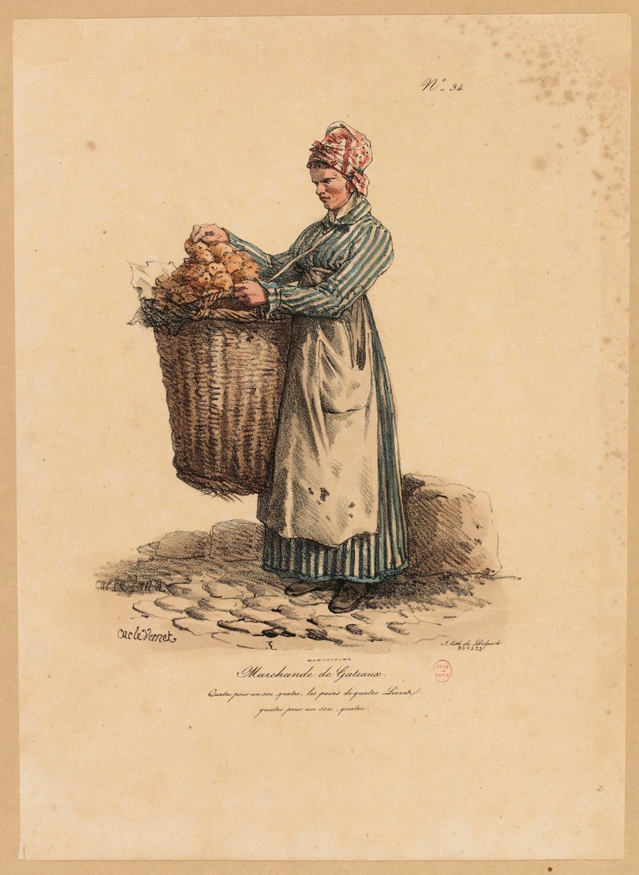 بائع الكيك ، رقم 34 من سلسلة صرخات باريس ، محفورة من قبل فرانسوا سيرافين ديلبك (1778-1825) بواسطة أنطوان تشارلز هوراس فيرنيه