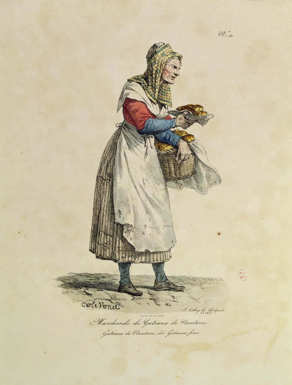 بائع كعكة نانتير ، رقم 10 من سلسلة "صرخات باريس" ، نقشها فرانسوا سيرافين ديلبك (1778-1825) (لون ليثو) بواسطة أنطوان تشارلز هوراس فيرنيه