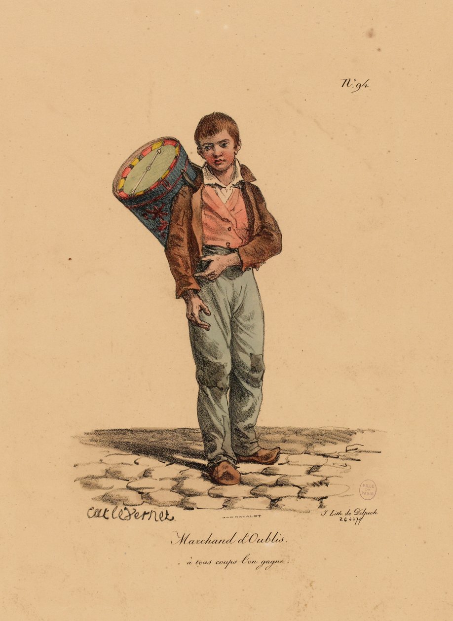 بائع الفطائر ، رقم 94 من سلسلة صرخات باريس ، نقشها فرانسوا سيرافين ديلبك (1778-1825) بواسطة أنطوان تشارلز هوراس فيرنيه