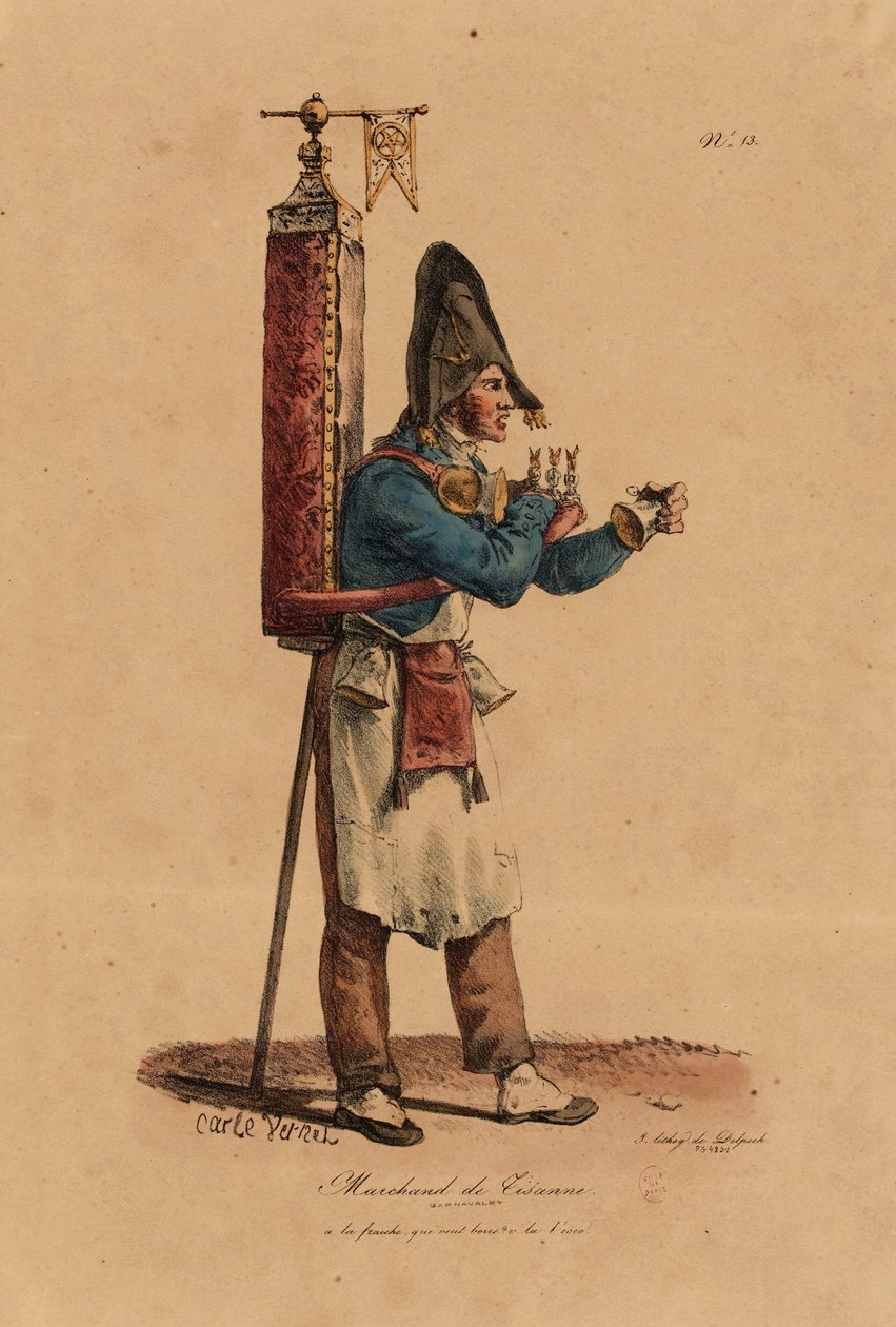 بائع تيسان ، رقم 13 من سلسلة صرخات باريس ، نقشها فرانسوا سيرافين ديلبك (1778-1825) بواسطة أنطوان تشارلز هوراس فيرنيه