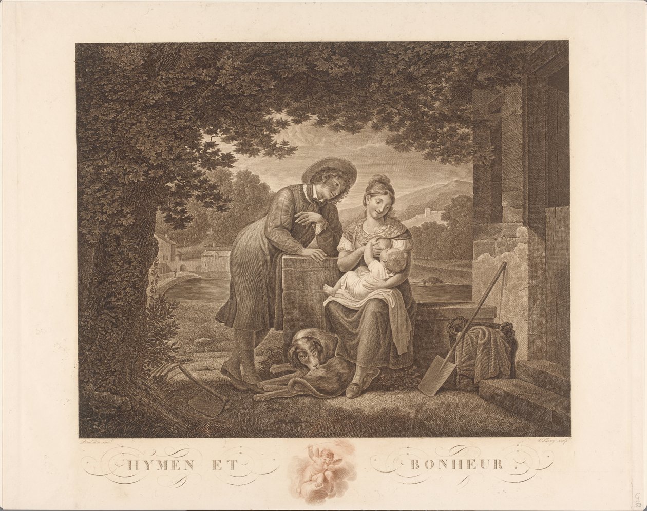 عائلة شابة مع كلب Hymen et Bonheur (العنوان على الكائن) بواسطة أنطوان كلود فرانسوا فيليري