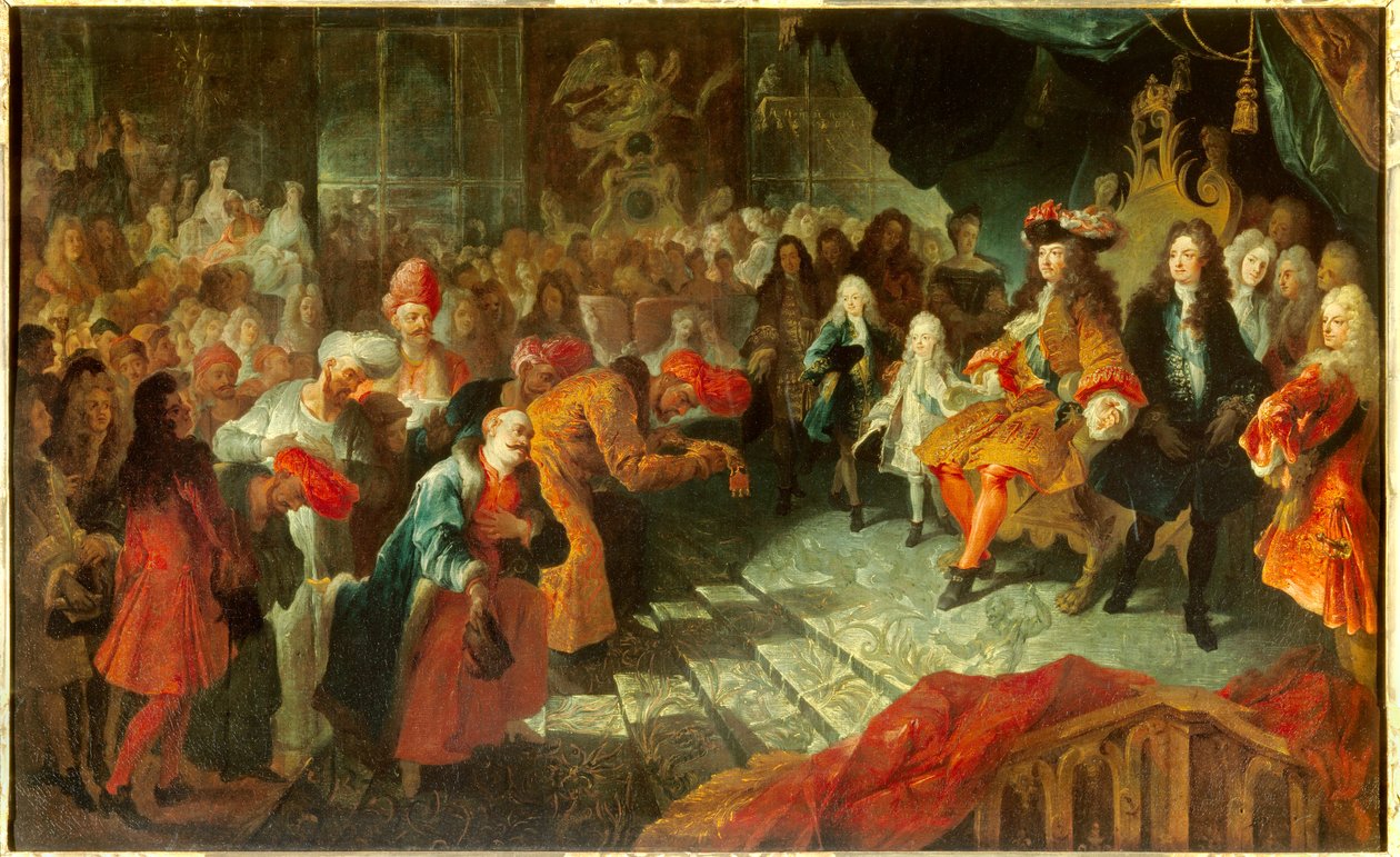 الملك لويس الرابع عشر (1638-1715) يستقبل السفير فوق العادة لبلاد فارس محمد رضا باي (رزا باي) في معرض الآيس كريم في فرساي في 19/02/1715 لوحة منسوبة إلى أنطوان كويبل (1661-1722) شمس. 0،7x1،5 م بواسطة انطوان كويبل