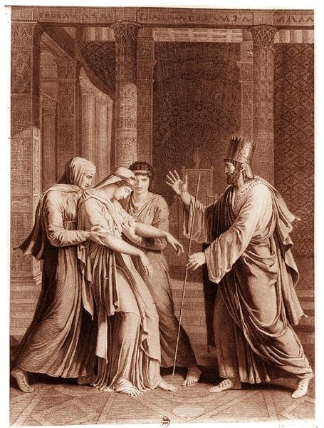 إستير قبل أسويروس ، رسم إيضاحي من "إستير" لجين راسين (1639-99) محفور بواسطة ماتيو (نقش) (صورة بالأبيض والأسود) بواسطة أنطوان دينيس (بعد) شوديت