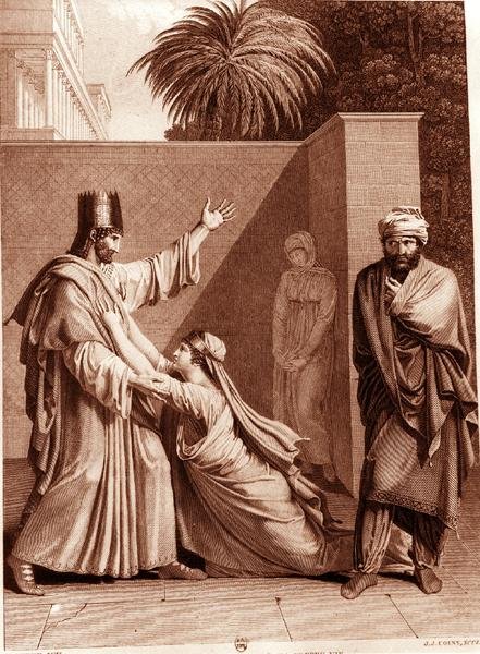 إستر تلمس Assuerus في حضور أمان ، رسم إيضاحي من "Esther" بواسطة Jean Racine (1639-99) نقش بواسطة JJ Coiny (نقش) (صورة بالأبيض والأسود) بواسطة أنطوان دينيس (بعد) شوديت