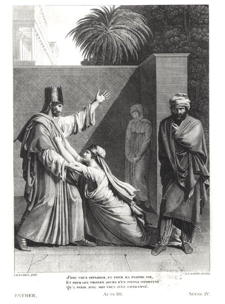 Esther Imploring Assuerus in the حضور Aman ، توضيح من Esther بواسطة Jean Racine (1639-99) منقوش بواسطة JJ Coiny (1761-1809) بواسطة أنطوان دينيس شوديت