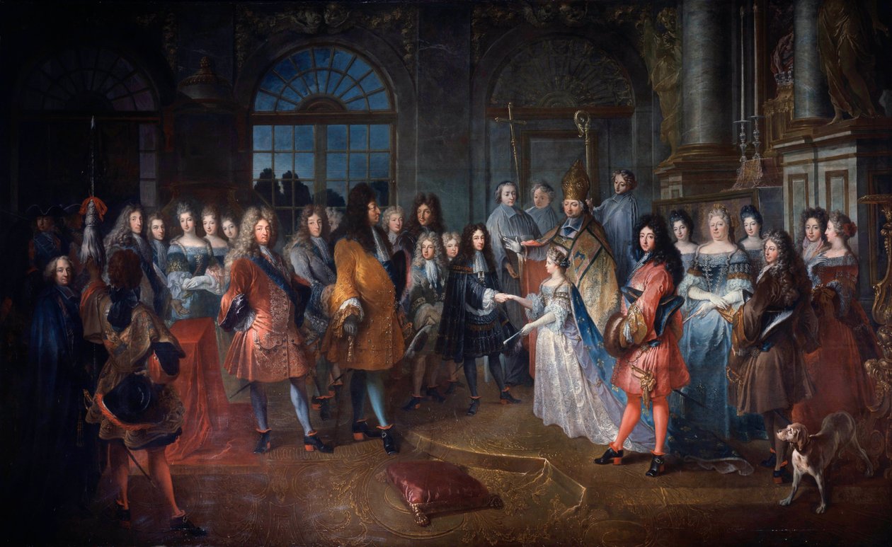 زواج لويس دو فرانس دوق بورغندي وماري أديلايد من سافوي في 7/12/1697 يقام الاحتفال في حضور الملك لويس الرابع عشر (1638-1715) في الوسط. وقد بارك الكاردينال دي كوسلين الزواج الشاب. رسم أنطوان ديو (166 بواسطة أنطوان ديو