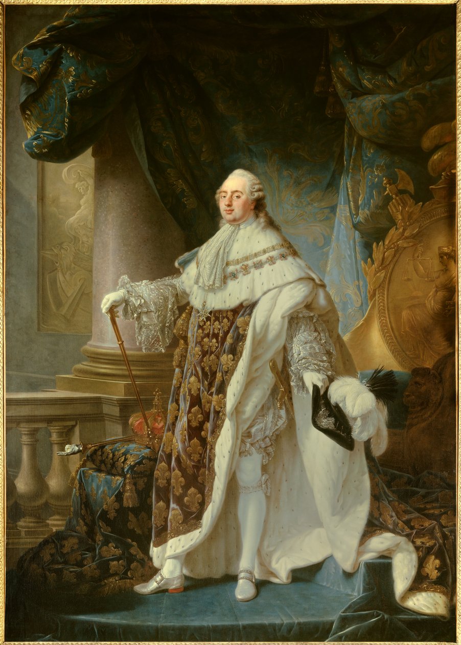 Portrait en pied du roi de France Louis XVI (1754-1793), wearing the great royal costume in 1779 Painting by Antoine Francois (Antoine-Francois) Callet (1741-1823) 1779 Dim. 2,7x1,89 m - - Portrait of the king of France Louis XVI (1754-1793) in his coronat بواسطة أنطوان فرانسوا كاليت