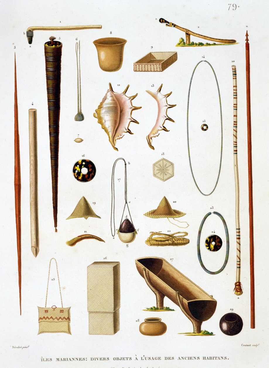 الأواني والأسلحة المنزلية من جزر مارياناس ، من Voyage autour du Monde (1817-20) ، بواسطة Louis Claude Desaulses de Freycinet (1779-1842) منقوش بواسطة Jean Louis Denis Coutant (1776-1831) ، ص بواسطة أنطوان جيرمان بيفاليت