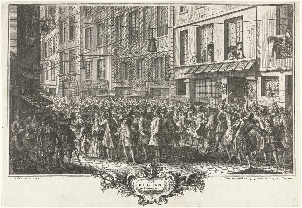 من شارع Quinquempoix ، 1720 شارع Quinquempoix في عام 1720 (العنوان على الكائن) هت جروت تافريل دير دواشيد (عنوان المسلسل) بواسطة أنطوان همبلوت