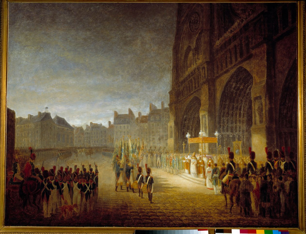 The Benediction of the Flags on the Square of the Cathedrale Notre Dame de Paris in 1804 Painting attributed to Antoine Jean Gros (1771-1835) 19th century Sun. 1,1x1,46 m Paris, Musee Carnavalet بواسطة أنطوان جان (Attr. To) Gros