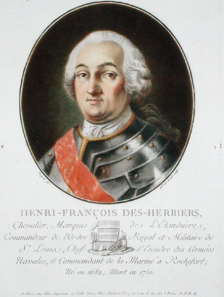 Henri-Francois des Herbiers (1682-1750) Marquis de l'Estandiere ، من "صور رجال عظماء ونساء لامعات وموضوعات لا تُنسى في فرنسا" ، نقشت بواسطة السيدة دي سيرنيل ، نُشرت 1787-92 (حجرية ملونة) بواسطة أنطوان لويس فرانسوا (بعد) سيرجنت مارسو