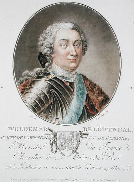 Woldemar de Lowendal (1700-55) 1787 ، من "صور لرجال عظماء ونساء لامعات وموضوعات لا تُنسى في فرنسا" ، نقشها روجر ، نُشر في 1787-92 (حجر ليثو ملون) بواسطة أنطوان لويس فرانسوا (بعد) سيرجنت مارسو