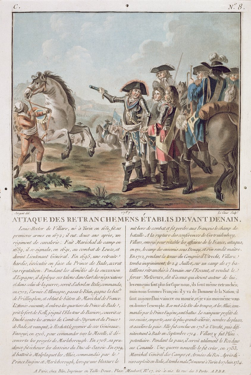 هجوم على الخنادق التي تم إنشاؤها أمام دينين ، 1712 ، نقشها لويس لو كور (fl.1780-1800) ، 1787 بواسطة أنطوان لويس فرانسوا سيرجنت مارسو