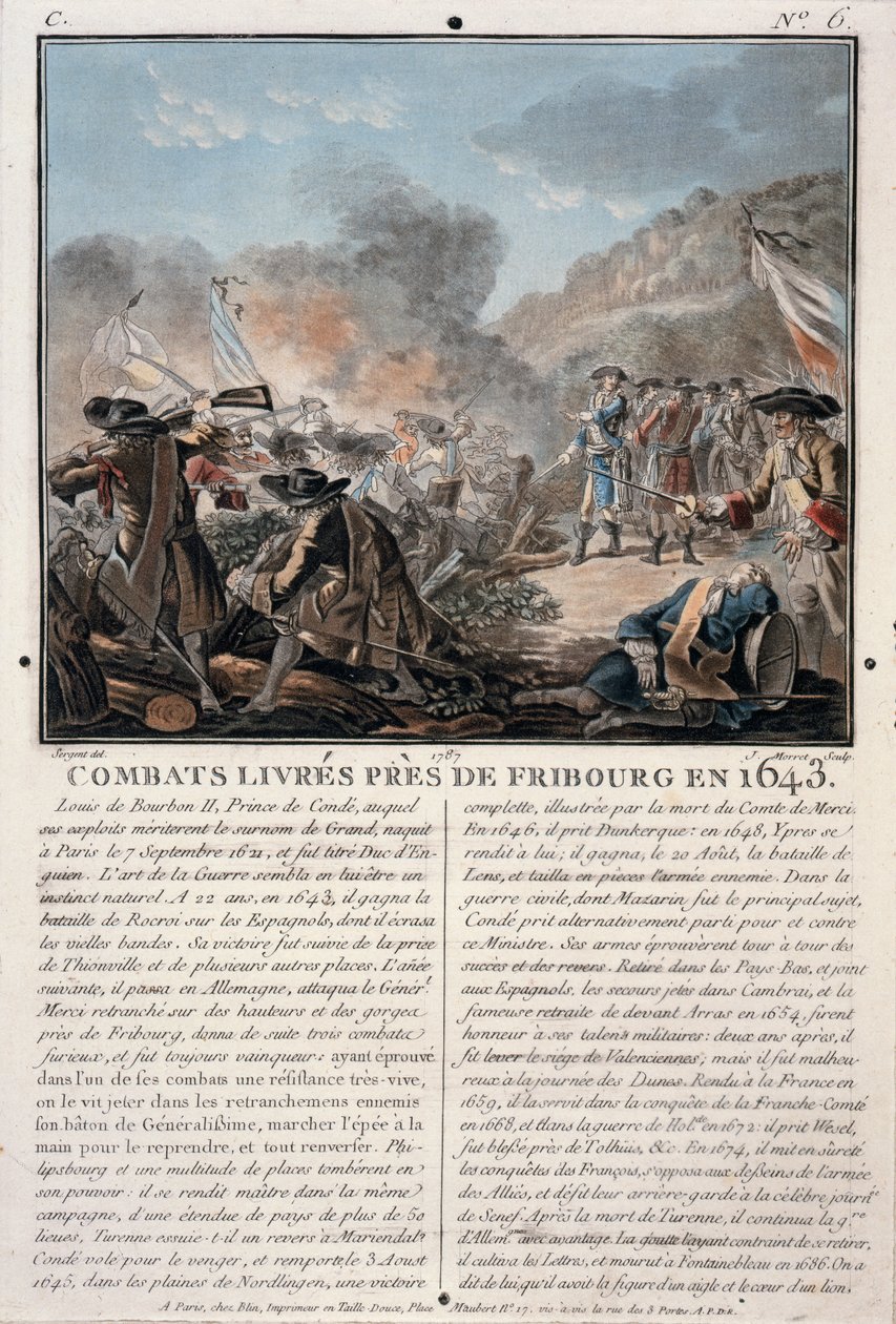 قتال بالقرب من فرايبورغ ، 1643 ، محفور بواسطة جان بابتيست موريت (fl.1790-1820) ، 1787 (ليثو ملون) بواسطة أنطوان لويس فرانسوا سيرجنت مارسو