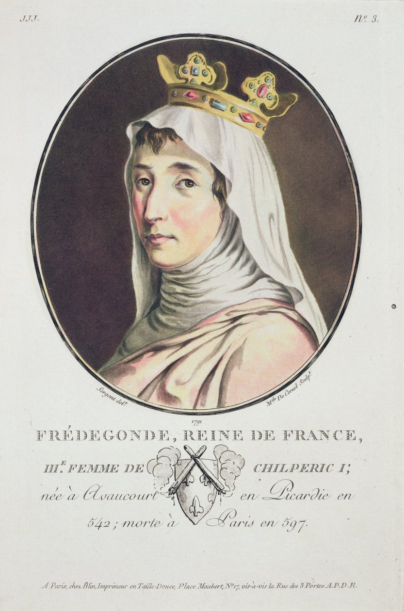 Fredegonde ، ملكة الفرنجة ، من Portraits des Grands Hommes ، النساء اللامعات ، والموضوعات التي لا تنسى من فرنسا ، مطبوعات خطيرة وملونة ، نشرها بيير بلين ، 1786-1792 ، باريس (ملون e بواسطة أنطوان لويس فرانسوا سيرجنت مارسو