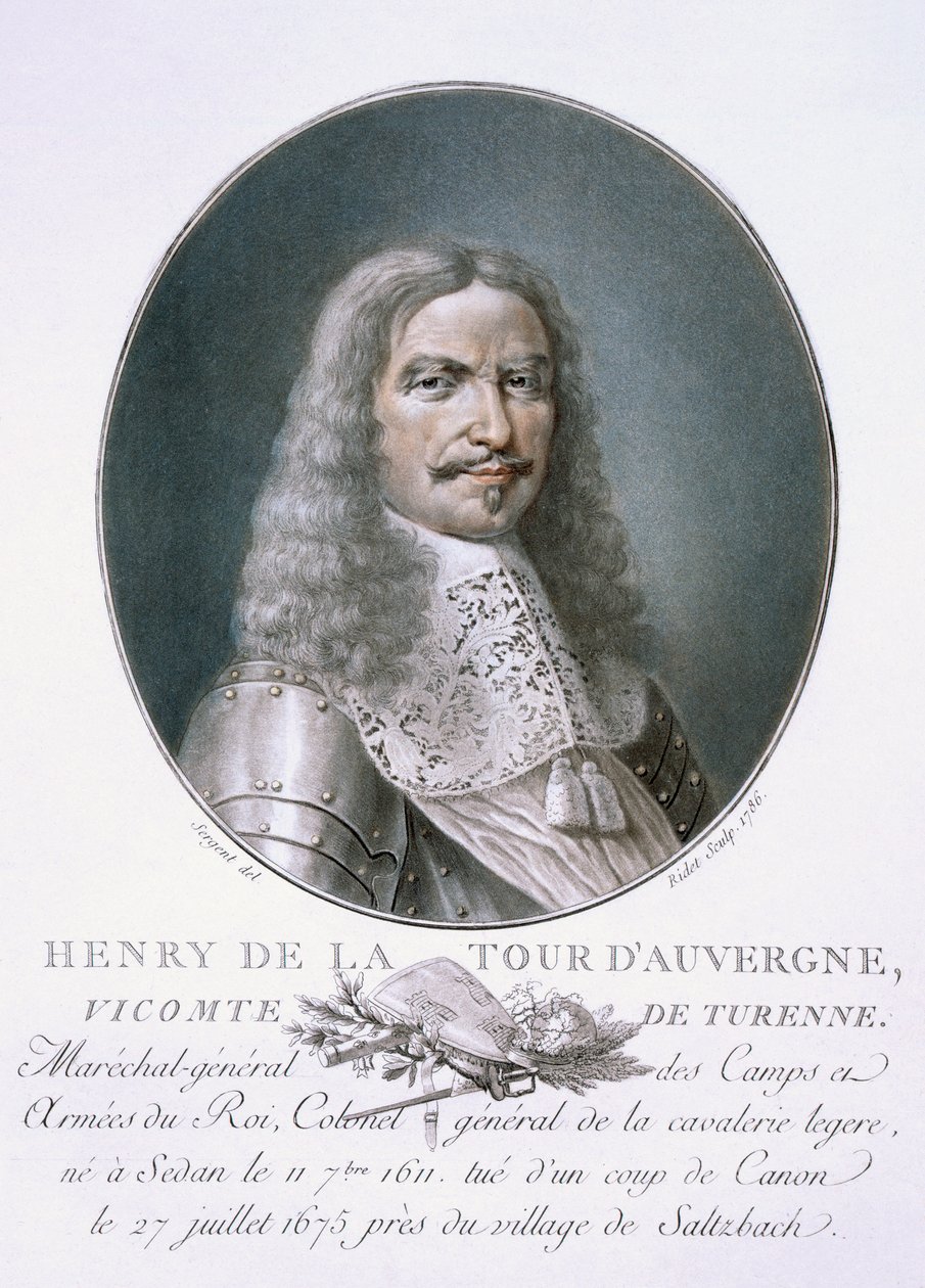 Henri de la Tour d&39;Auvergne ، من "صور من رجال عظماء ، نساء لامعات ، ومواضيع لا تنسى من فرنسا ، مطبوعات خطيرة وملونة" ، نشرها بيير بلين ، 1786-92 ، باريس (نقش الألوان بواسطة أنطوان لويس فرانسوا سيرجنت مارسو