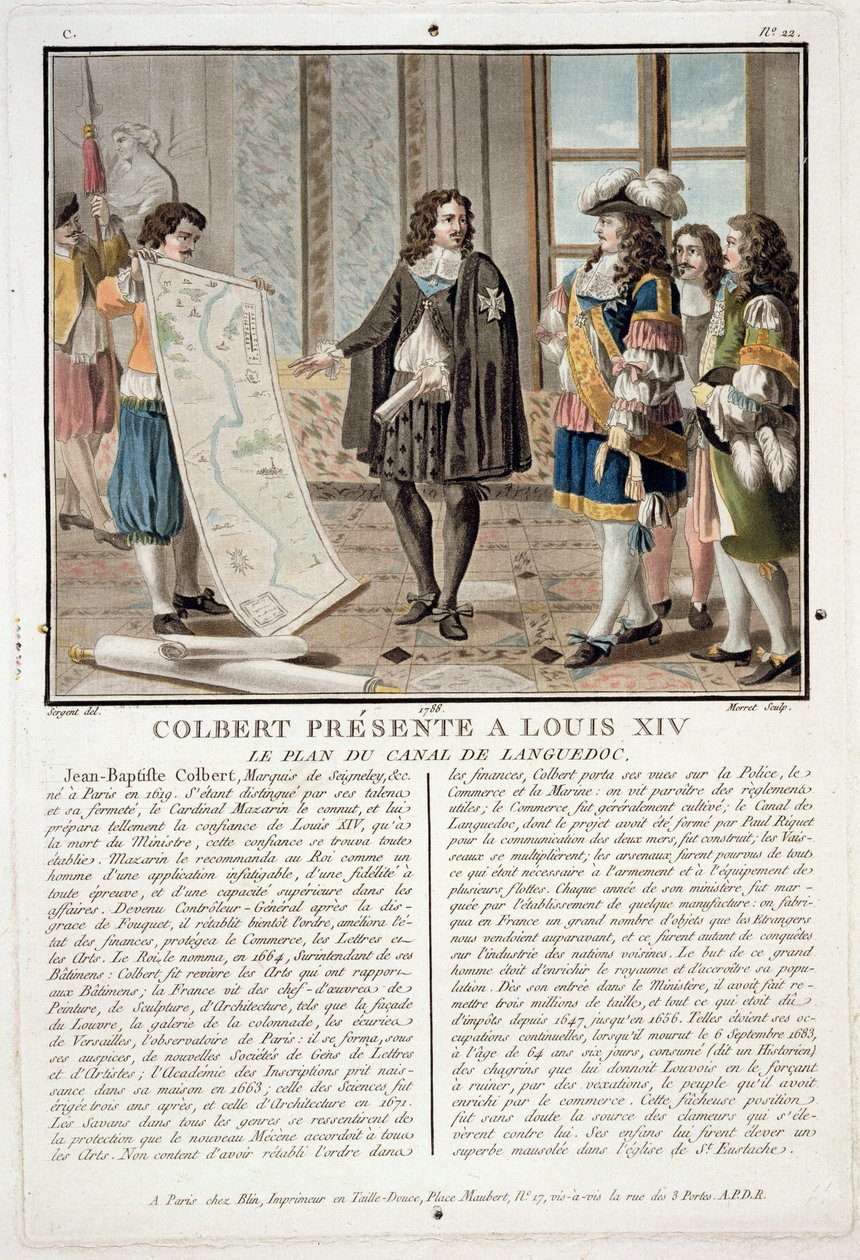 يقدم جان بابتيست كولبير (1619-83) خريطة قناة لانجدوك إلى لويس الرابع عشر ، محفورة بواسطة جان بابتيست موريت (fl.1790-1820) ، 1788 بواسطة أنطوان لويس فرانسوا سيرجنت مارسو