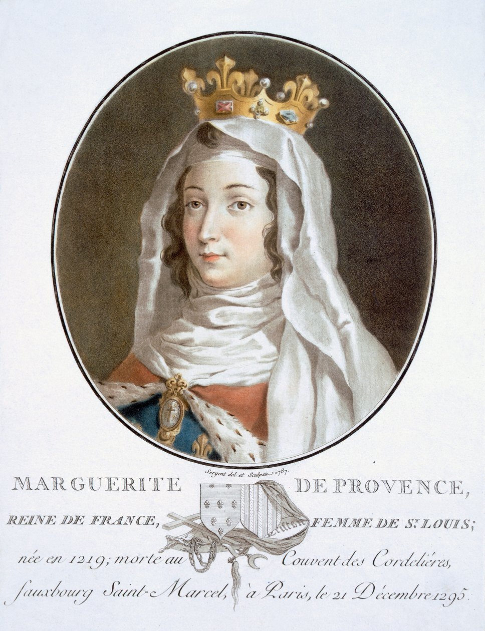 Marguerite de Provence ، من صور شخصية لرجال عظماء ، نساء لامعات ، ومواضيع لا تُنسى في فرنسا ، مطبوعات خطيرة وملونة ، نشرها بيير بلين ، 1786-1792 ، باريس (نقش ملون) بواسطة أنطوان لويس فرانسوا سيرجنت مارسو