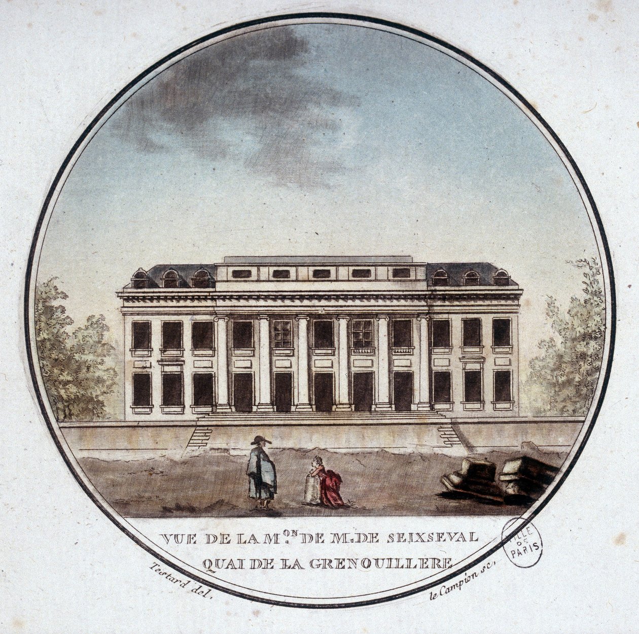 منظر لمنزل Monsieur de Seixseval ، quai de la grenouillère في باريس (الآن quai d'Orsay). في مناظر متقنة للمباني الرئيسية في باريس بواسطة الرقيب بواسطة أنطوان لويس فرانسوا سيرجنت مارسو