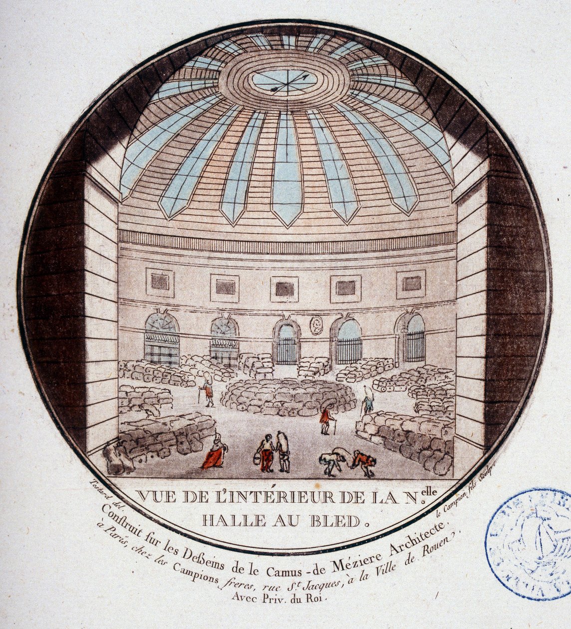 منظر داخلي لقاعة السوق الجديدة التي بناها Le Camus de Mézières بين 1763 و 1766 ، اليوم بورصة في باريس. في مناظر متقنة للمباني الرئيسية في باريس بواسطة الرقيب بواسطة أنطوان لويس فرانسوا سيرجنت مارسو