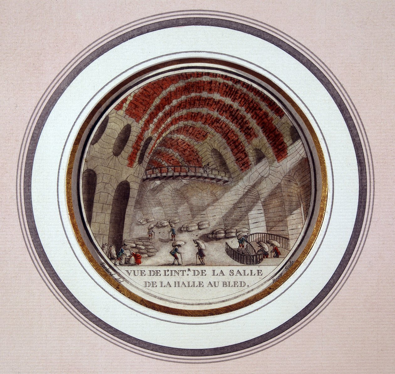 منظر من الداخل لقاعة السوق الجديدة التي بناها Le Camus de Mézières بين 1763 و 1766 ، اليوم بورصة في باريس. في مناظر متقنة للمباني الرئيسية في باريس بواسطة الرقيب بواسطة أنطوان لويس فرانسوا سيرجنت مارسو