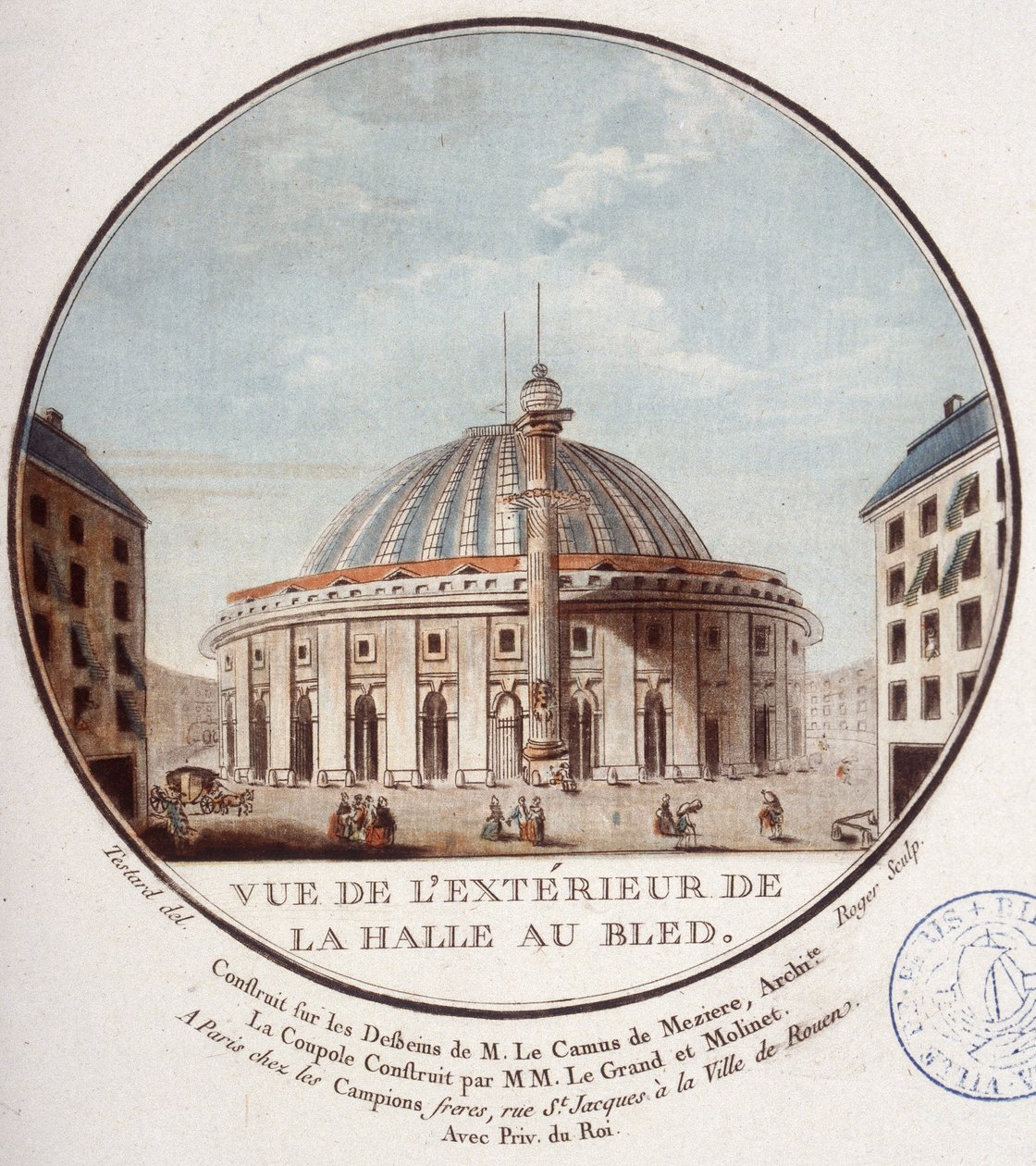 منظر من الخارج لسوق القمح ، باريس التي بناها Le Camus de Mézières بين 1763 و 1766 ، اليوم بورصة في باريس. في مناظر متقنة للمباني الرئيسية في باريس بواسطة الرقيب بواسطة أنطوان لويس فرانسوا سيرجنت مارسو