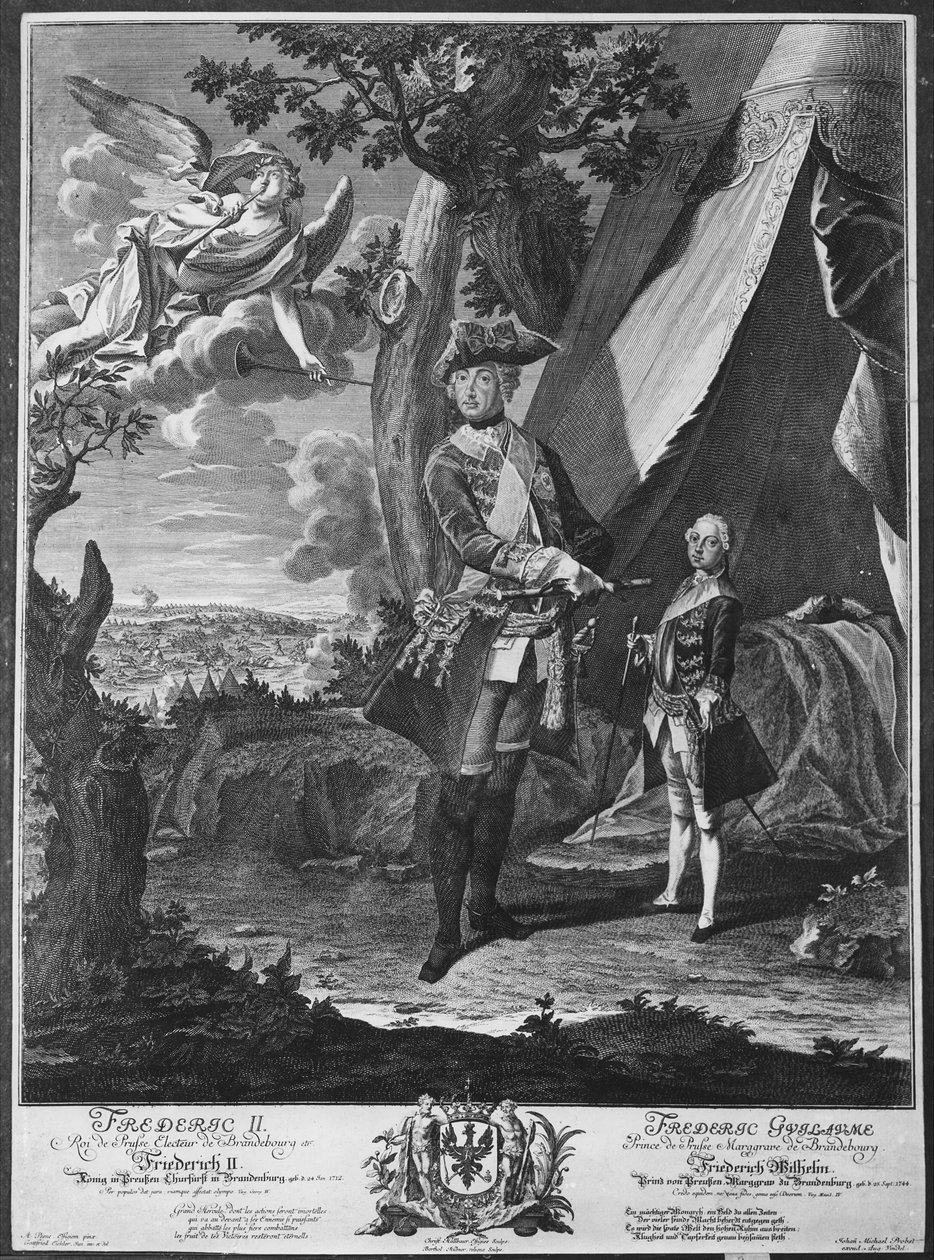فريدريك الثاني (1712-1786) وابن أخيه فريدريك ويليام الثاني (1744-1797) ، نقشهما يوهان بروبست (1673-1750) بواسطة أنطوان بيسني